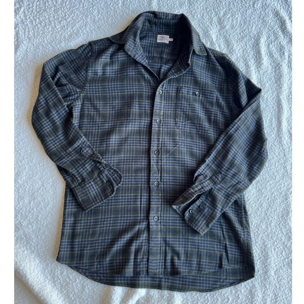 Faherty Mens Legend Sweater Shirt Small Olive Green Navy Plaid Button Up